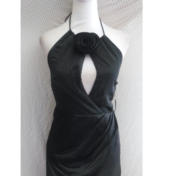 NEW ASTR The LABEL Black SATIN Floral Corsage HALTER High-Lo TULIP Midi DRESS XS - Picture 5 of 15